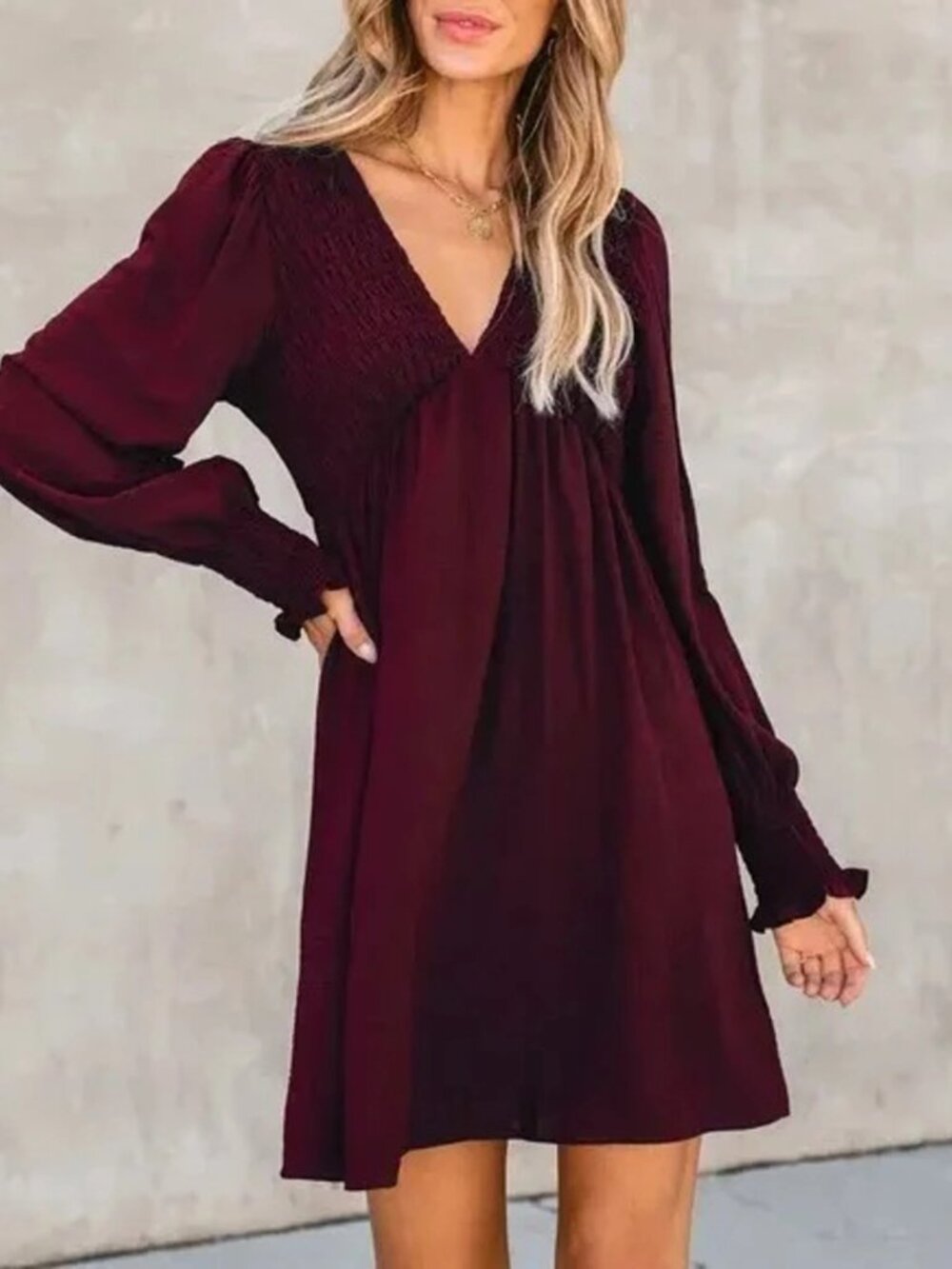 Cupshe Maroon Smocked V Neck Mini Dress Long Sleeve Size Large - Picture 7 of 9